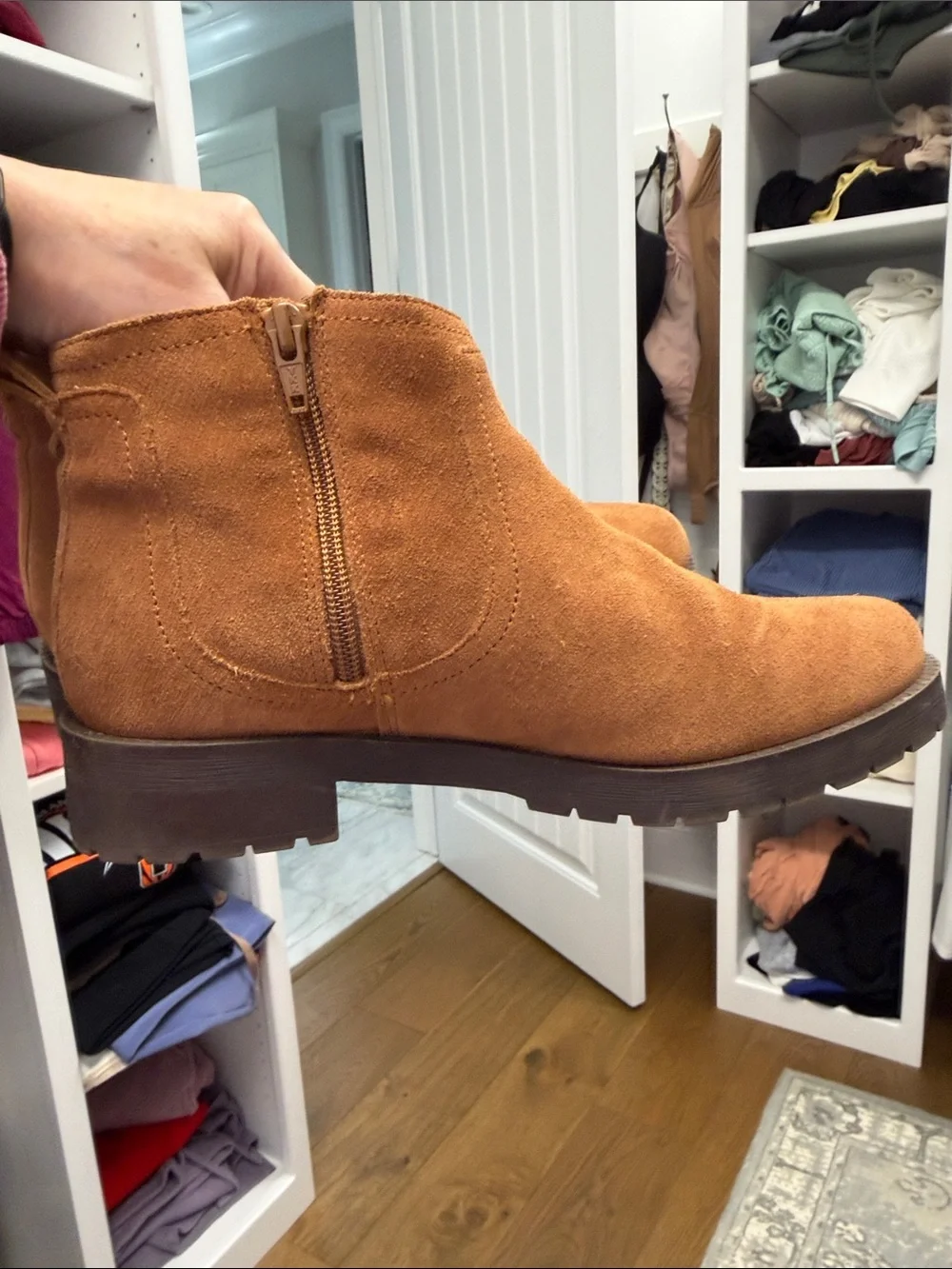 Vionic Chestnut Suede Ankle Booties with Shearling Trim